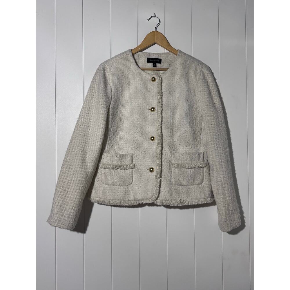 Talbots Jacket Womens 12 Cream Textured Button Front Tweed Blazer - Picture 2 of 6